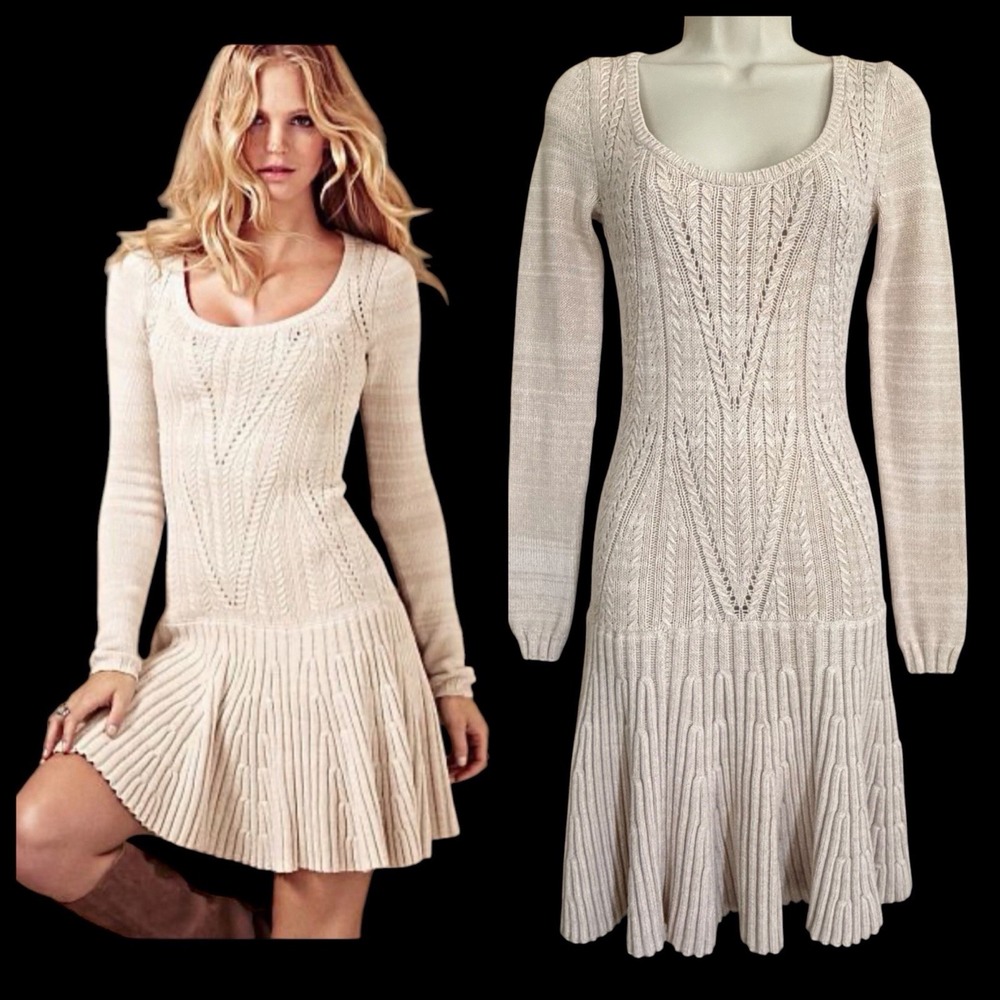 Victoria's Secret Pointelle Sweater Dress XS Oatmeal Beige Drop Waist Coquette
